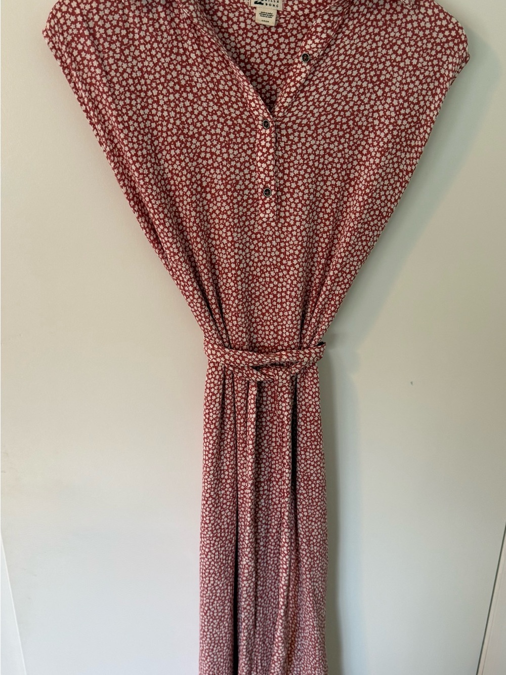Floral Button-Front Red Maxi Dress with Tie Waist- Size S